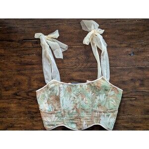 Tapestry Floral Corset Top XL Bow Strap Tie Up Tapestry Bustier Cottagecore